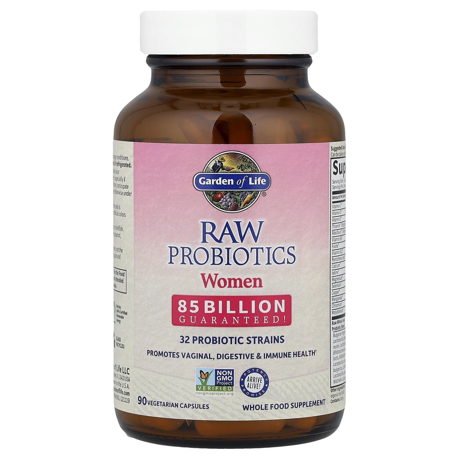 Garden of Life Raw Probiotics for Women bottle with capsules, demonstrating the supplement's packaging and product label.