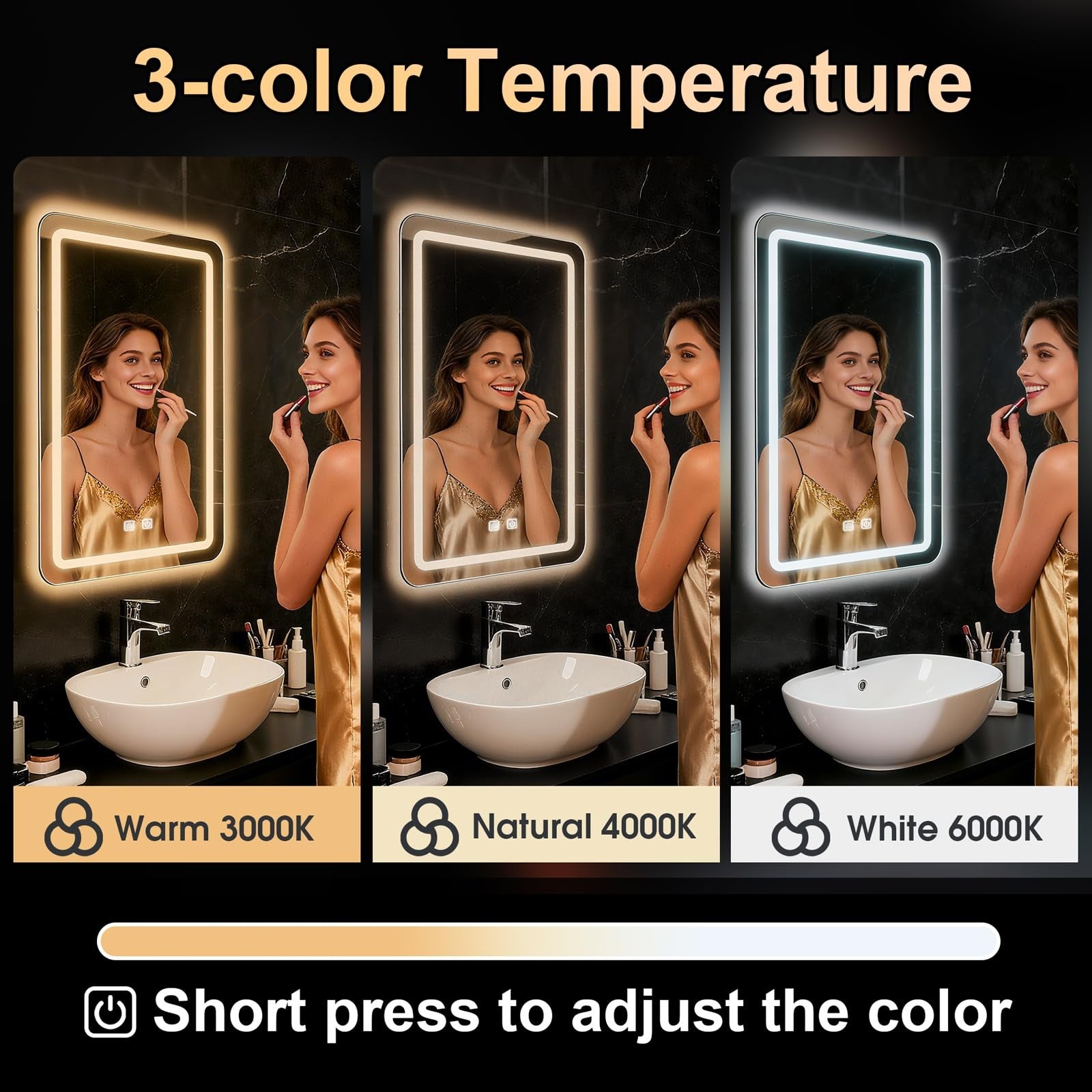 WARM&LOVE LED bathroom mirror, 16x24 inch anti-fog mirror with built-in lights and stepless dimming, ideal for modern bathrooms