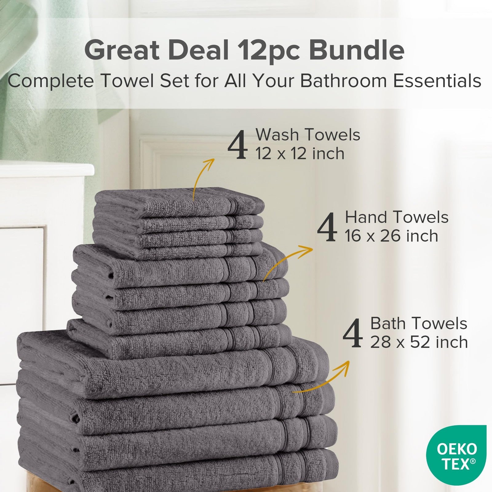 Comfort Spaces luxury bath towel set with 4 hand towels and 8 larger towels, quick-drying, soft, plush, and absorbent.