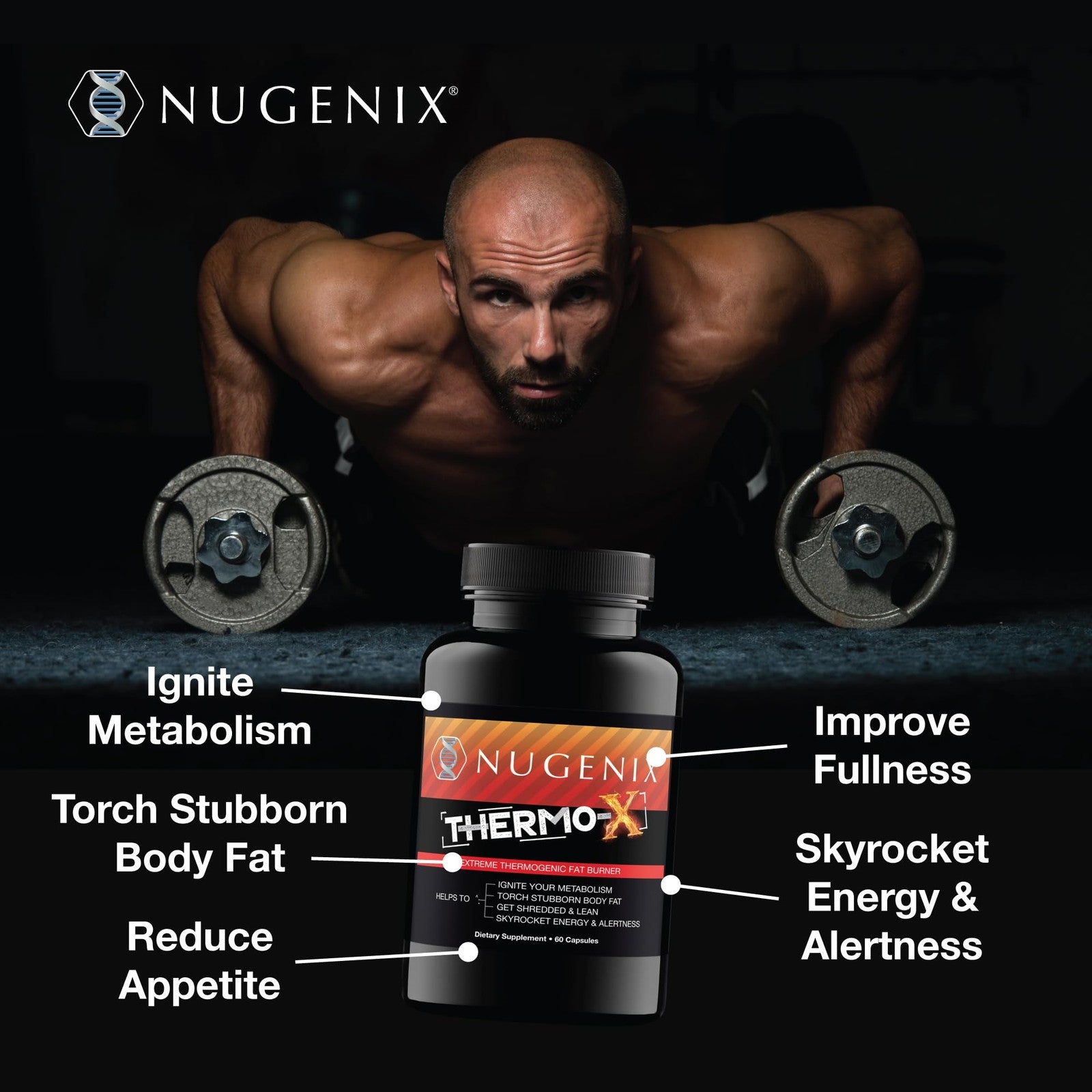 Nugenix Thermo-X thermogenic fat burner supplement bottle with label and capsules, designed for men to boost metabolism and energy.