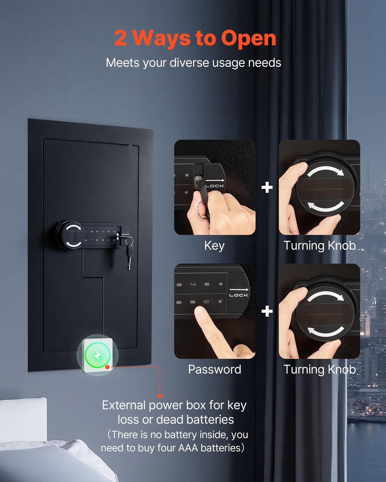 Vevor 25.6-inch high wall safe with three tiers, hidden design, keypad lock, and key access for secure storage.