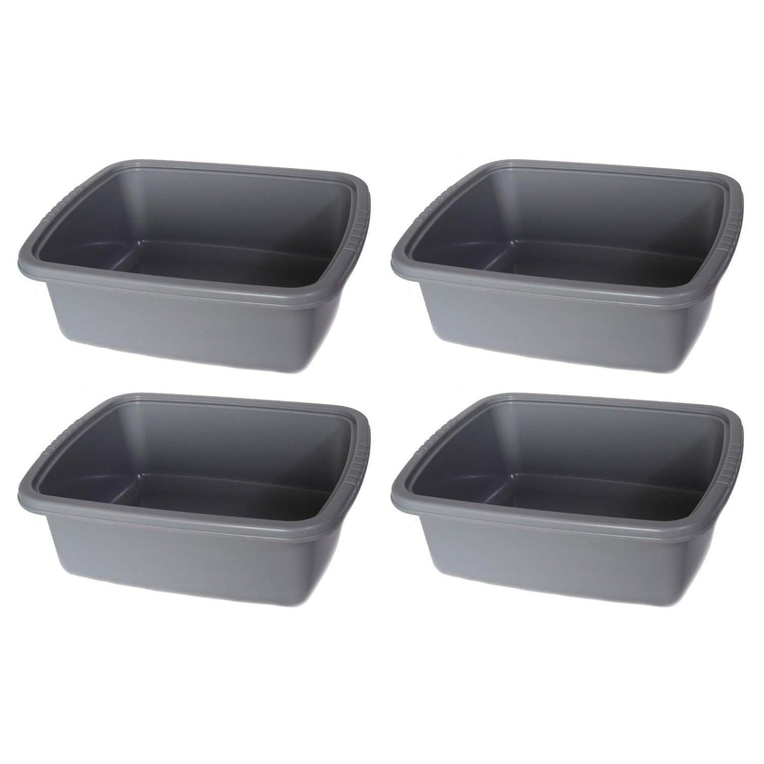 Set of four grey YBM Home plastic dish pans or basins, ideal for washing and food prep, shown stacked in the image.