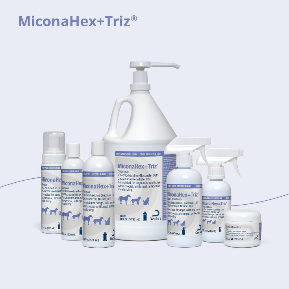 MiconaHex+Triz Mousse for dogs, cats, horses showing the 7.1 oz bottle with applicator for skin and coat care.
