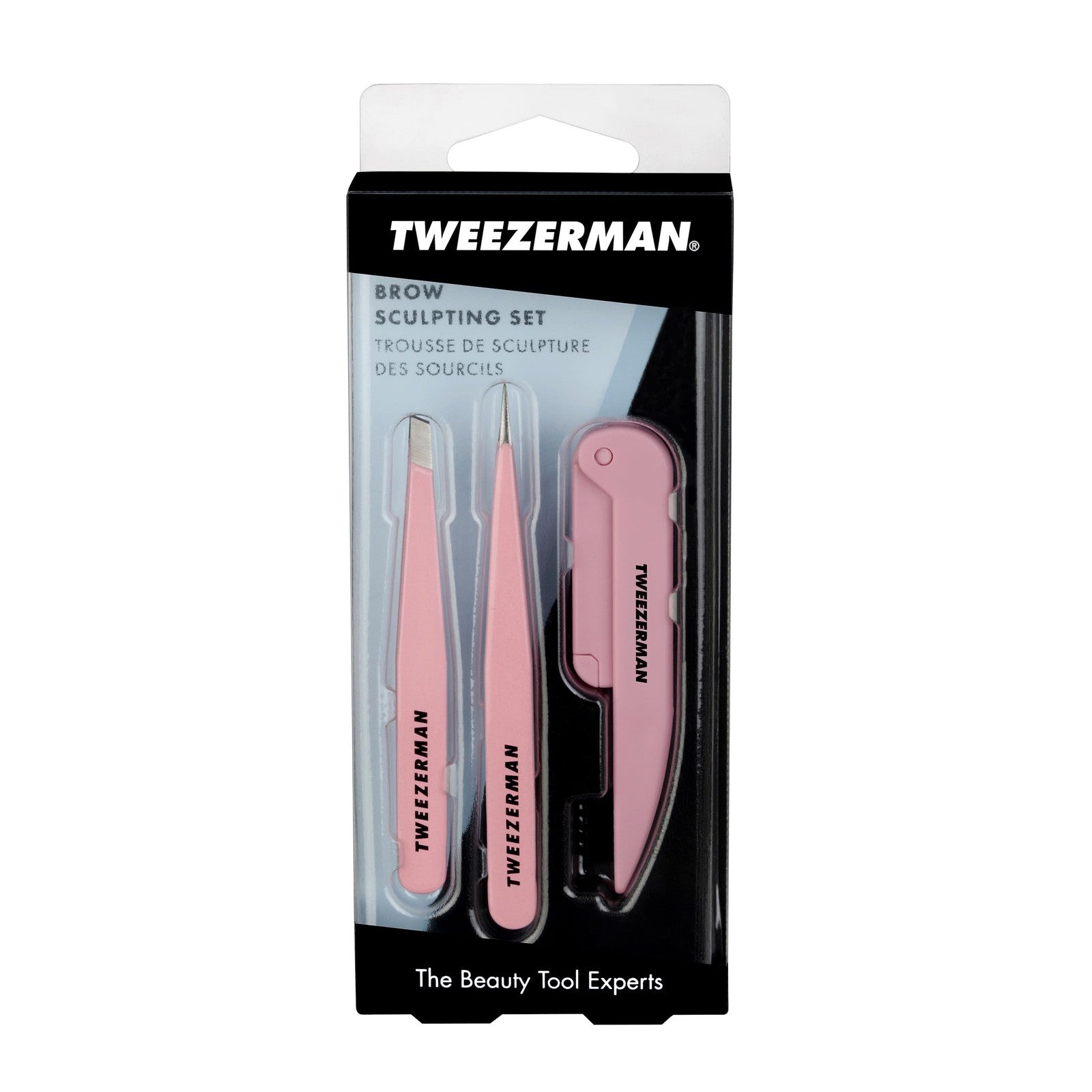 Tweezerman Exclusive Tea Rose Brow Sculpting Set with tweezers, brushes, and tools for precise eyebrow shaping and grooming.