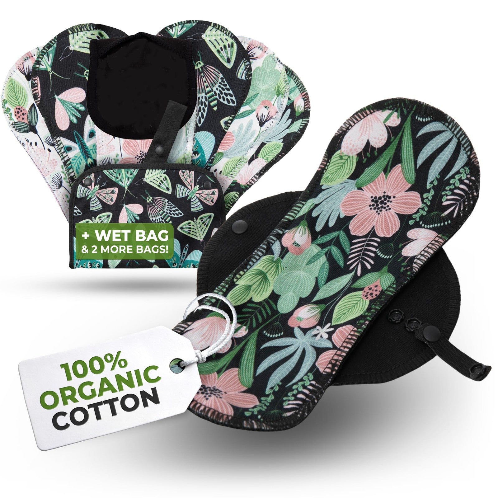 Set of three organic cotton reusable panty liners for women and teens, medium size, from Natissy, with soft, breathable fabric.