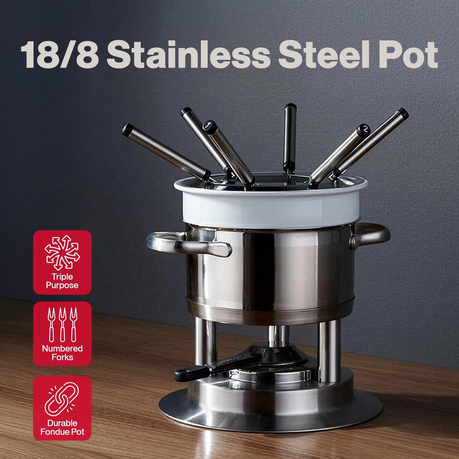 Swissmar Arosa 11-piece stainless steel 3-in-1 fondue set with pot, forks, and stand for cheese or chocolate fondue.