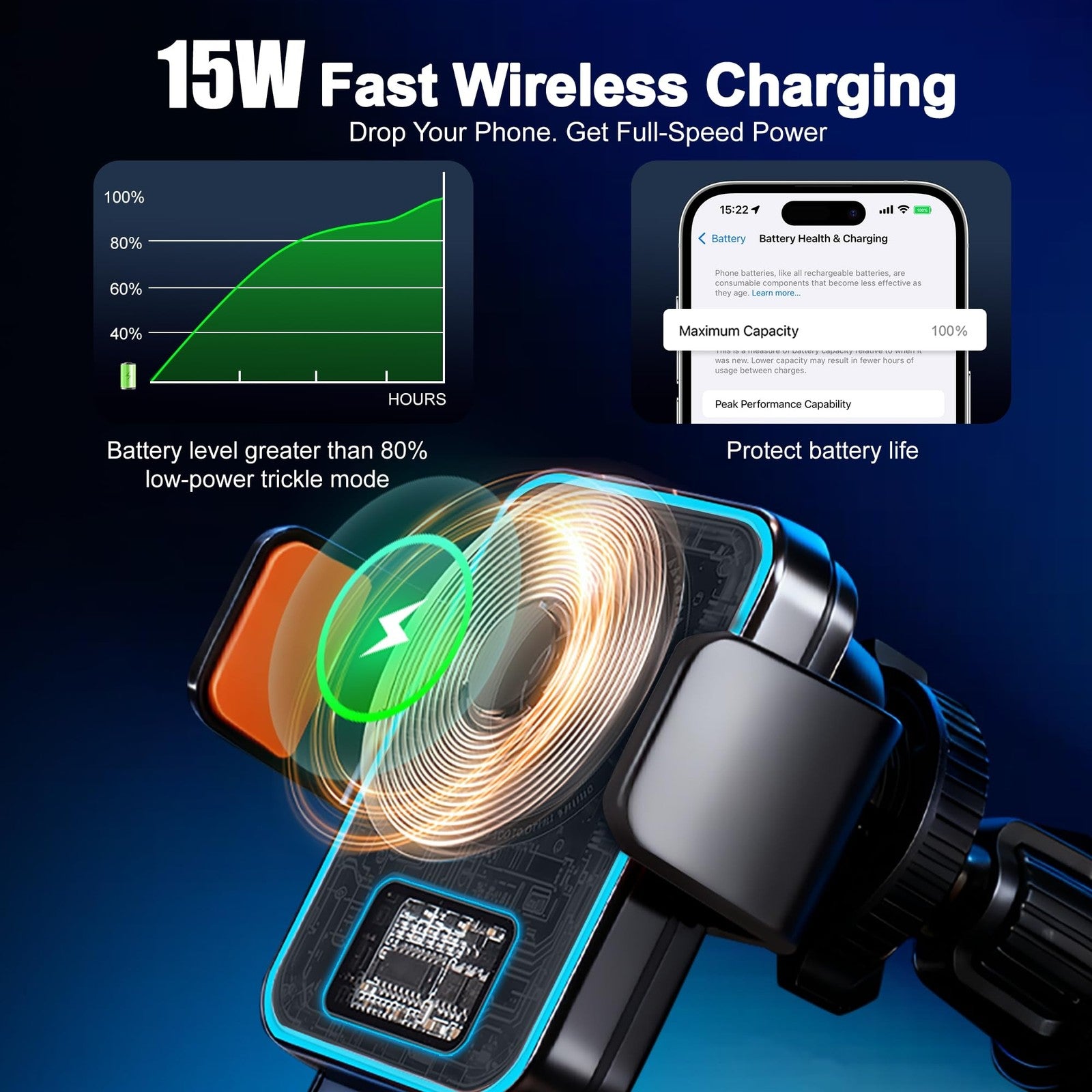 Gudluky 15W fast wireless car charger with built-in GPS air tracker tag, compatible with iOS devices in a sleek design.