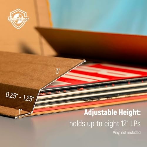 AlbumArmor vinyl record shipping box with fragile stickers, 12-inch LP mailer designed for safe vinyl record packaging.