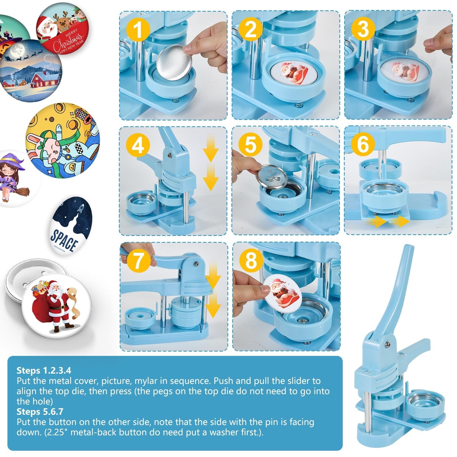 ALIESTFDNO 2.25-inch button maker machine with metal frame and handle for creating custom button pins and badges.