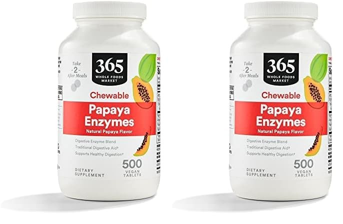 Two bottles of 365 by Whole Foods Market Papaya Enzymes 500 Chews, showing the colorful label and chewable tablets inside.