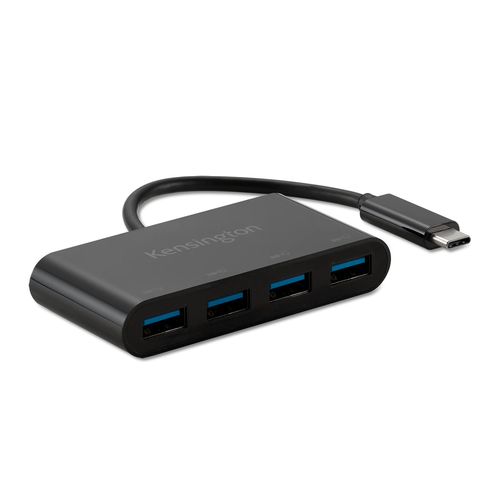 Kensington CH1200 USB-C 10Gbps 4-Port Hub with four USB 3.0 ports connected to a USB-C device.