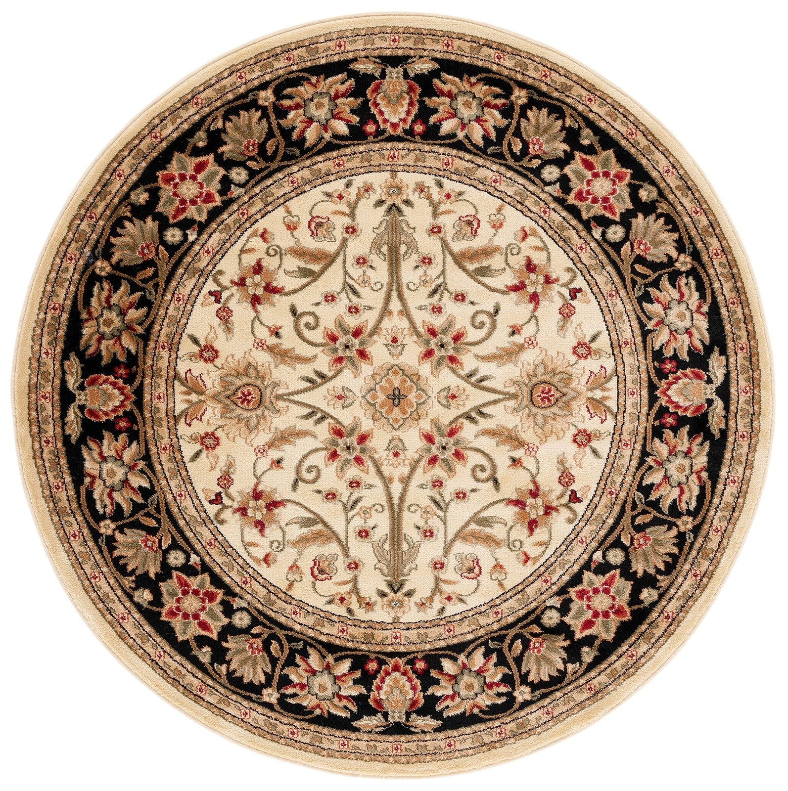 Safavieh Lyndhurst ivory and black round area rug with traditional design, 33-inch diameter, detailed pattern in a classic style.