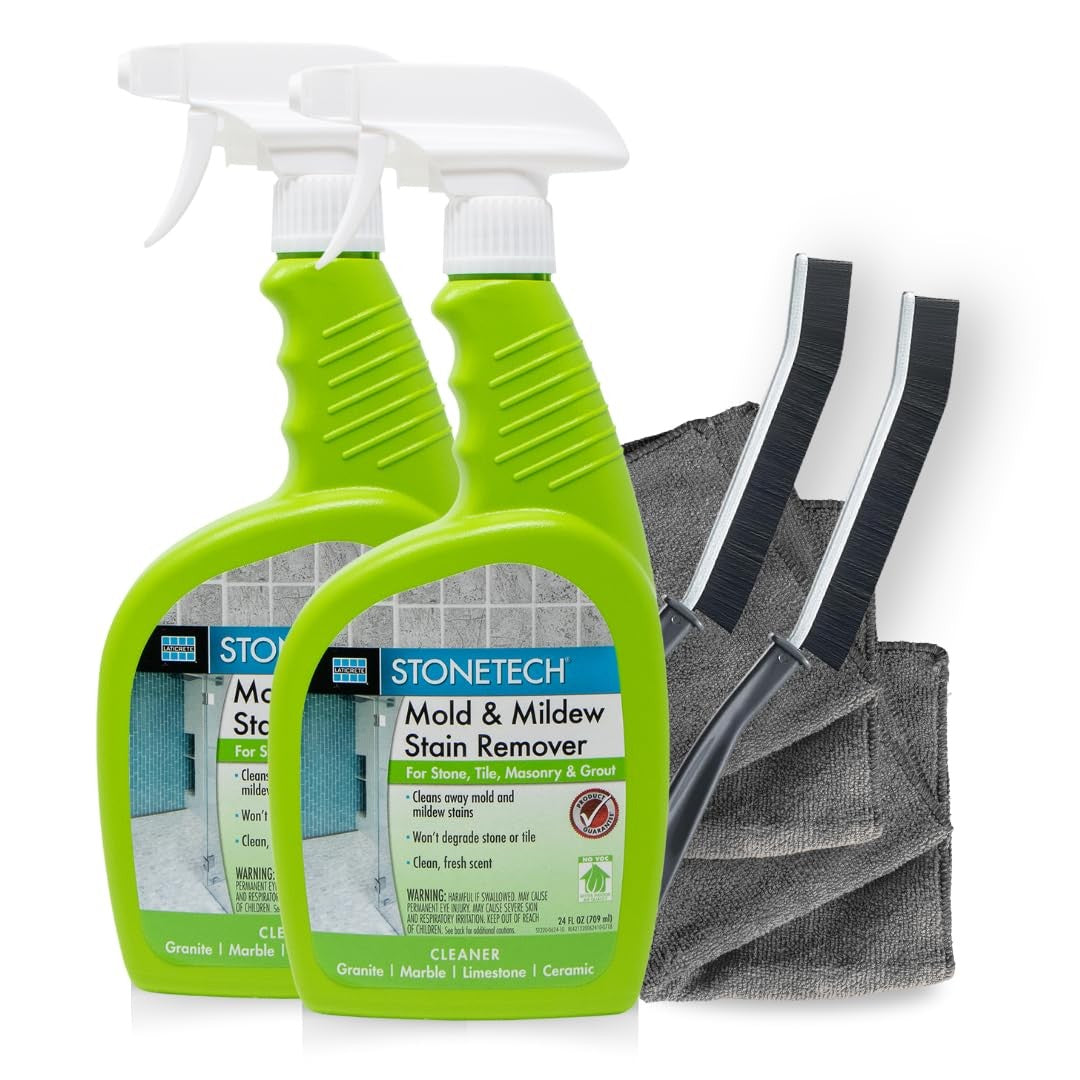 Laticrete StoneTech Mold and Mildew Stain Remover Cleaning Kit for kitchen, patio, and shower surfaces, with cleaning tools and solution.