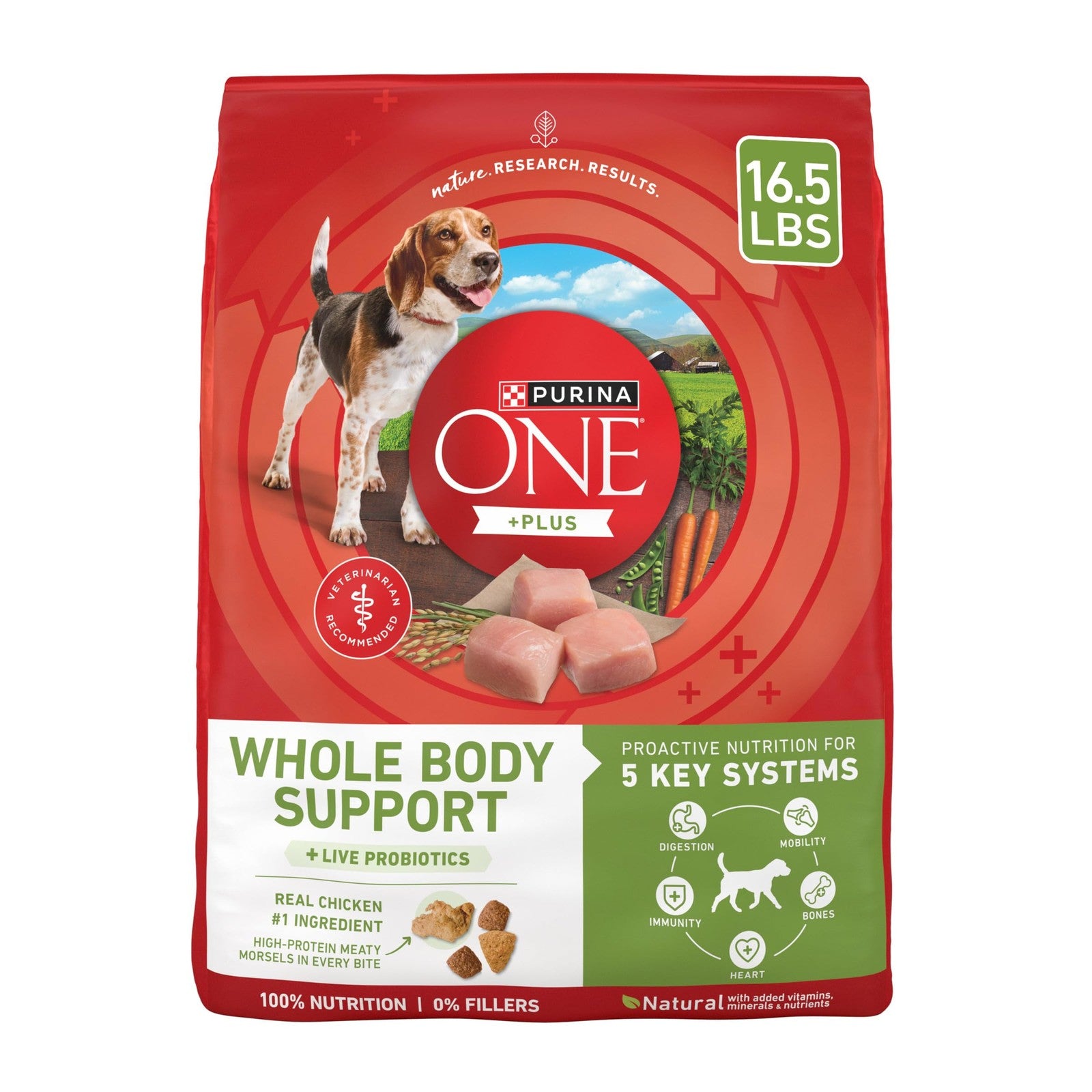 Purina ONE Plus Whole Body Support Chicken dry dog food bag, 16.5 lb, showing the bag with images of chicken and healthy dog.
