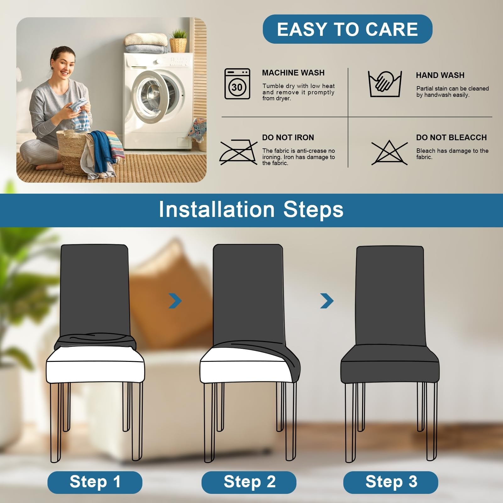 Set of four Fafua stretch dining chair covers with removable, washable slipcovers fitting standard dining chairs.