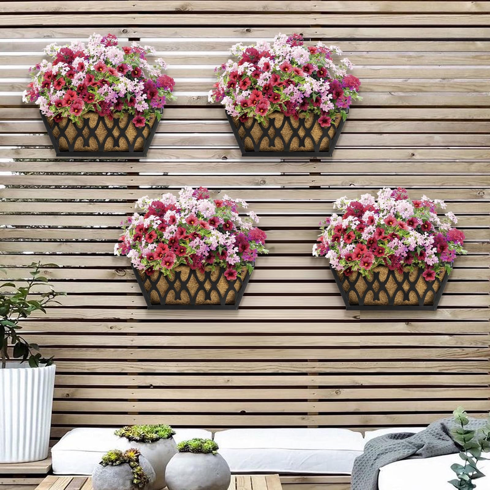 Karlliu 4-pack 14-inch outdoor hanging window and railing planter boxes with coco liners, shown with plants inside.