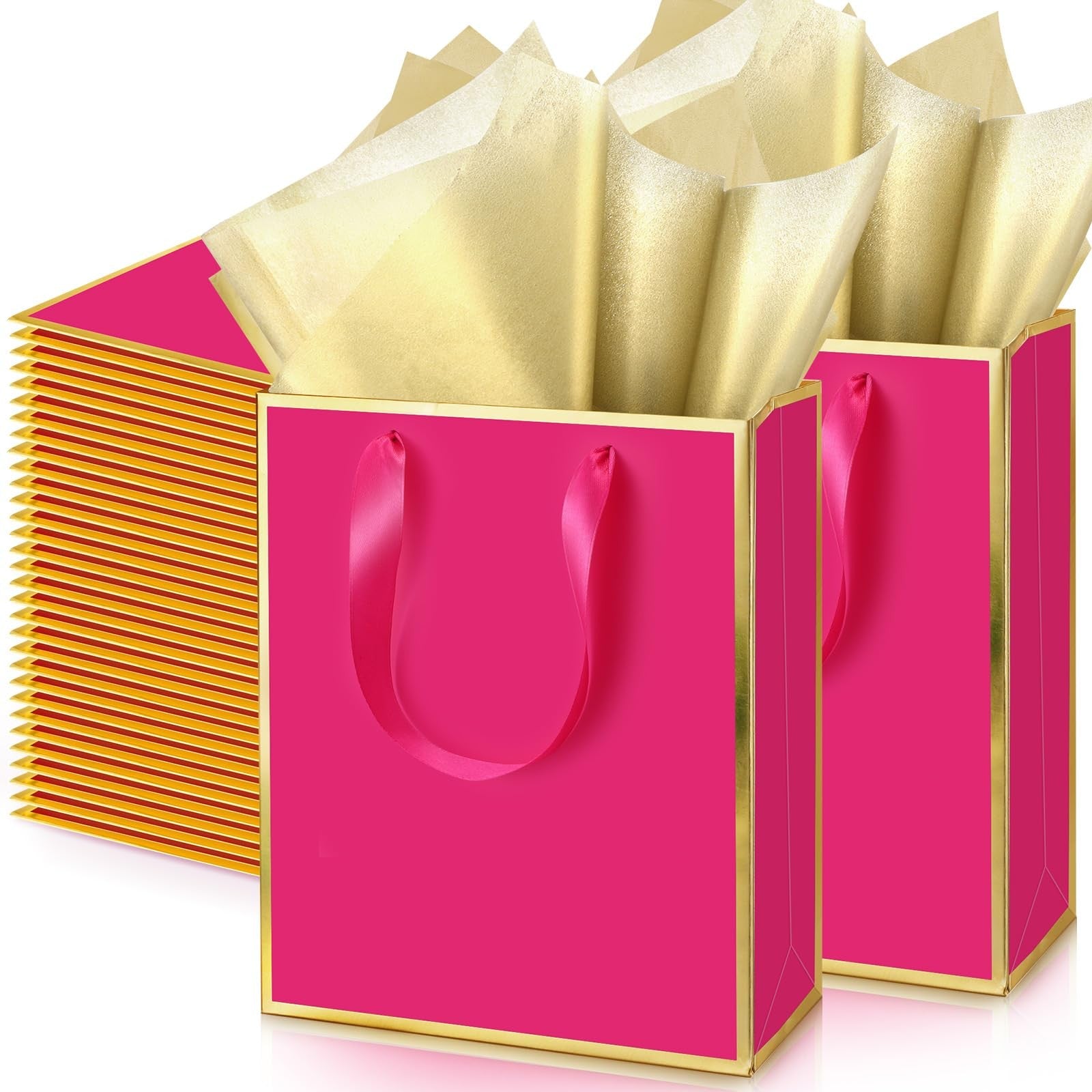 Yeaqee 50-pack metallic gold foil gift bags with handles and tissue paper, perfect for gift wrapping and celebrations.