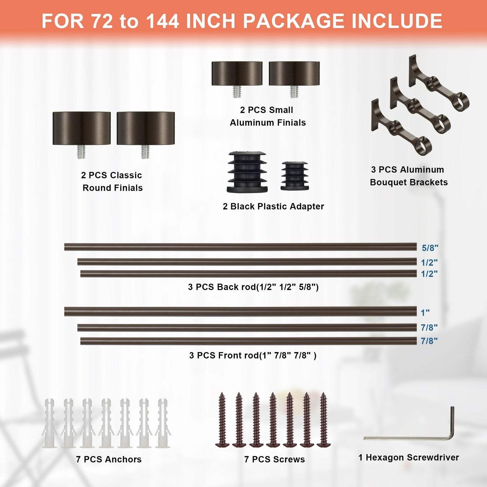 Lwiiom double curtain rods with adjustable dark bronze aluminum brackets, 72-144 inch telescopic design