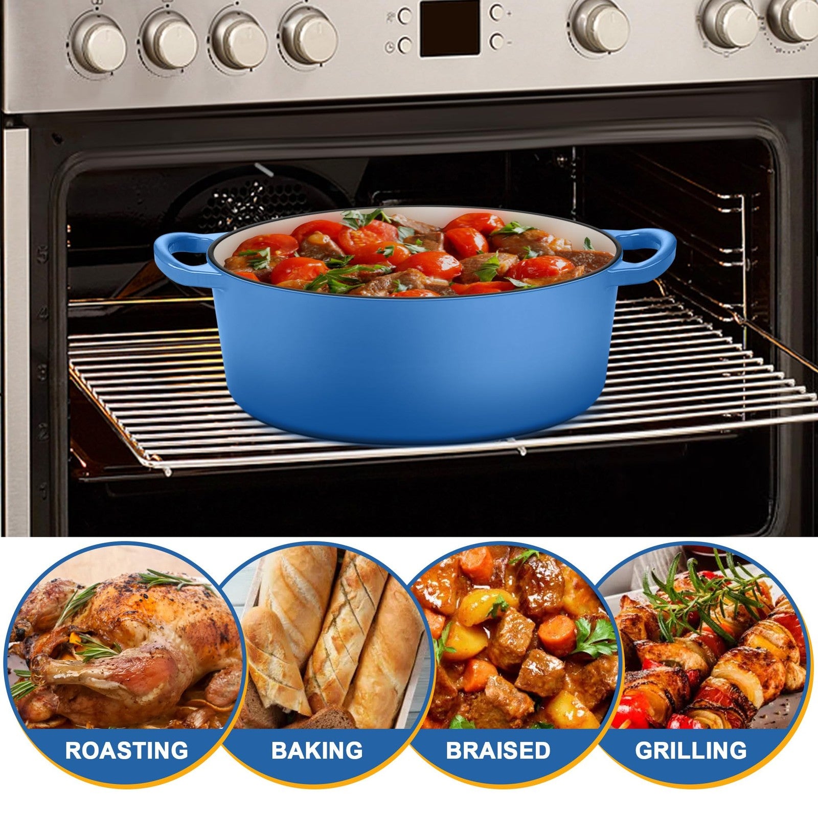E-far 5QT oval enameled cast iron Dutch oven with lid, showing the black enamel finish and sturdy handle for cooking and serving.