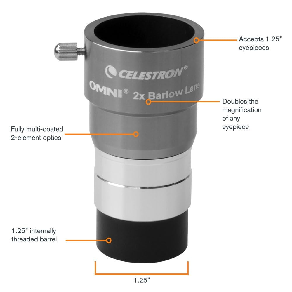 Celestron Omni Barlow Lens in silver, 2x magnification, designed for 1.25-inch telescope eyepieces.