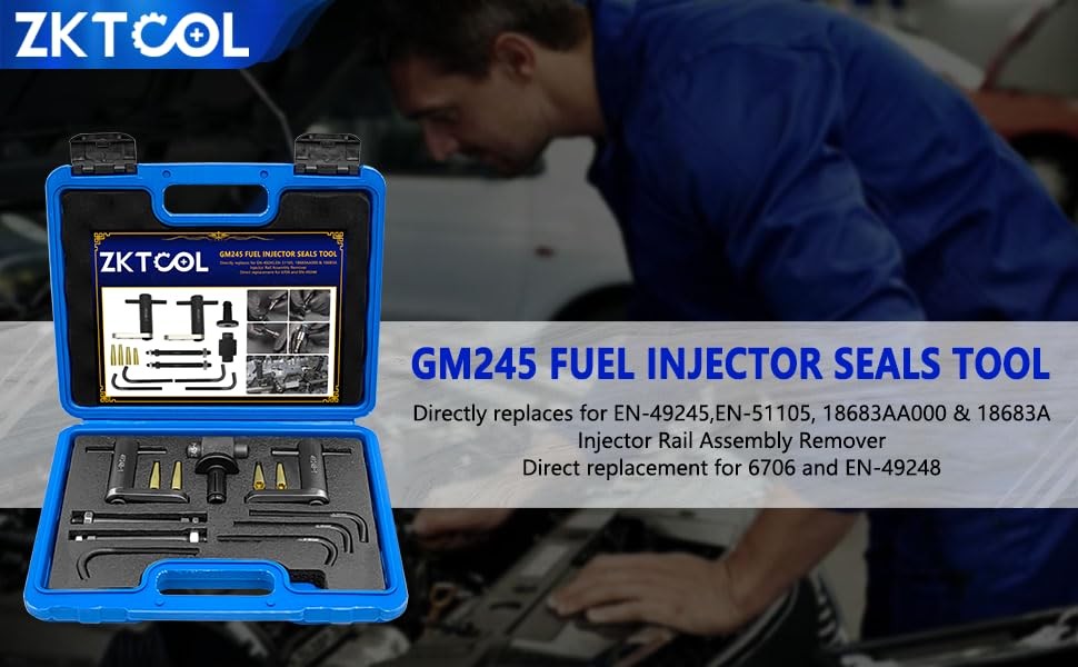 ZKTOOL GM245 fuel injector rail assembly remover tool with seals installation, showing the tool and injector components.