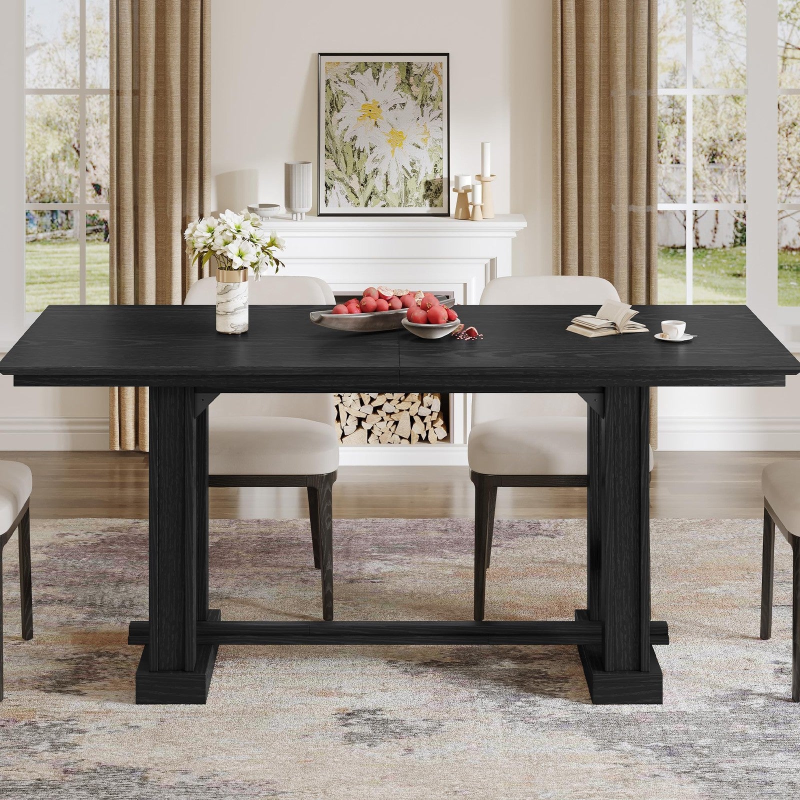 Wooden farmhouse dining table for 6-8 people, 70-inch long, sturdy kitchen table with natural wood finish.