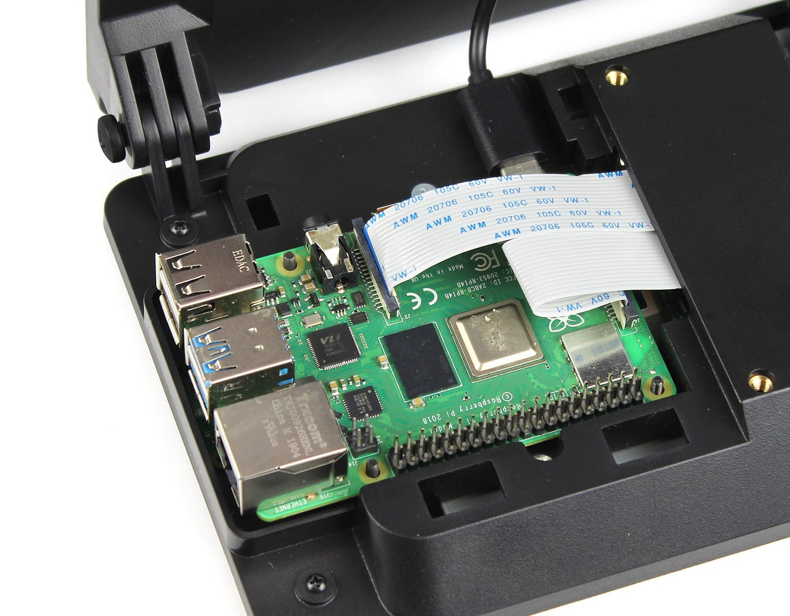 SmartiPi Touch 2 Raspberry Pi 7-inch display case with cooling fan for RPi 3, 4, and 5, showing the case and installed fan.
