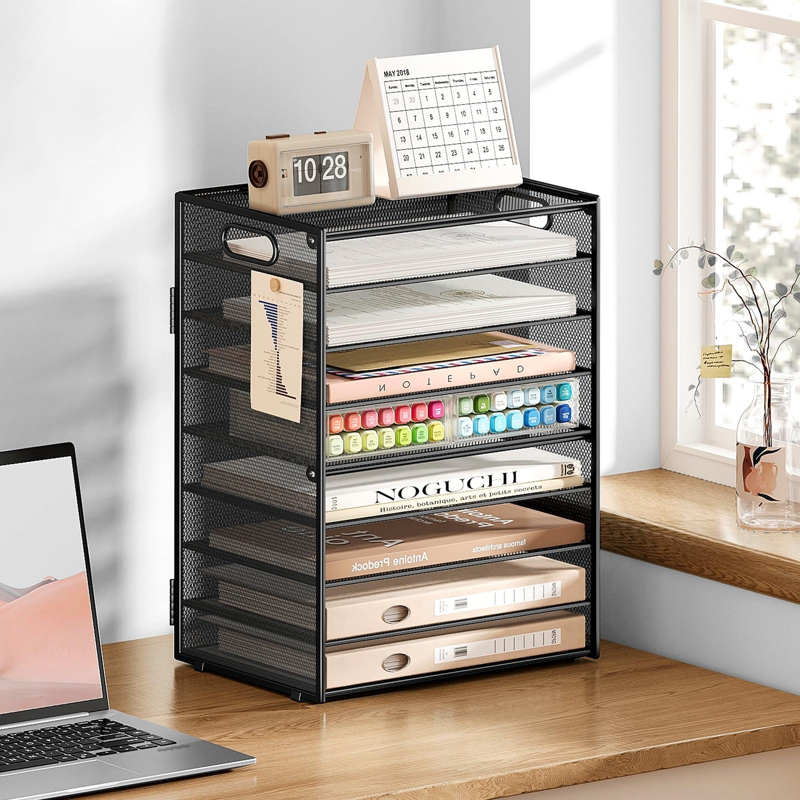 SUBEKYU 9-tier black metal mesh paper organizer for desk with letter trays and file storage for office organization.