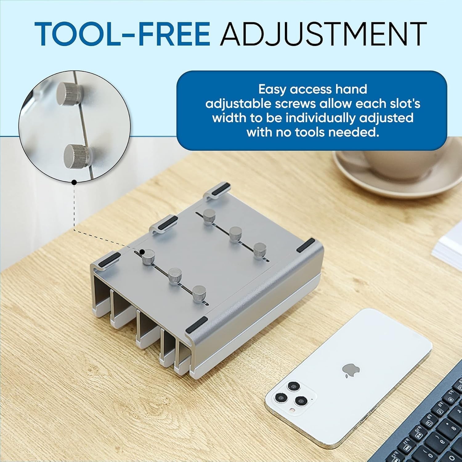 Elestoria 5-slot vertical aluminum laptop stand holding five laptops, showcasing its sleek and sturdy design for efficient workspace organization.