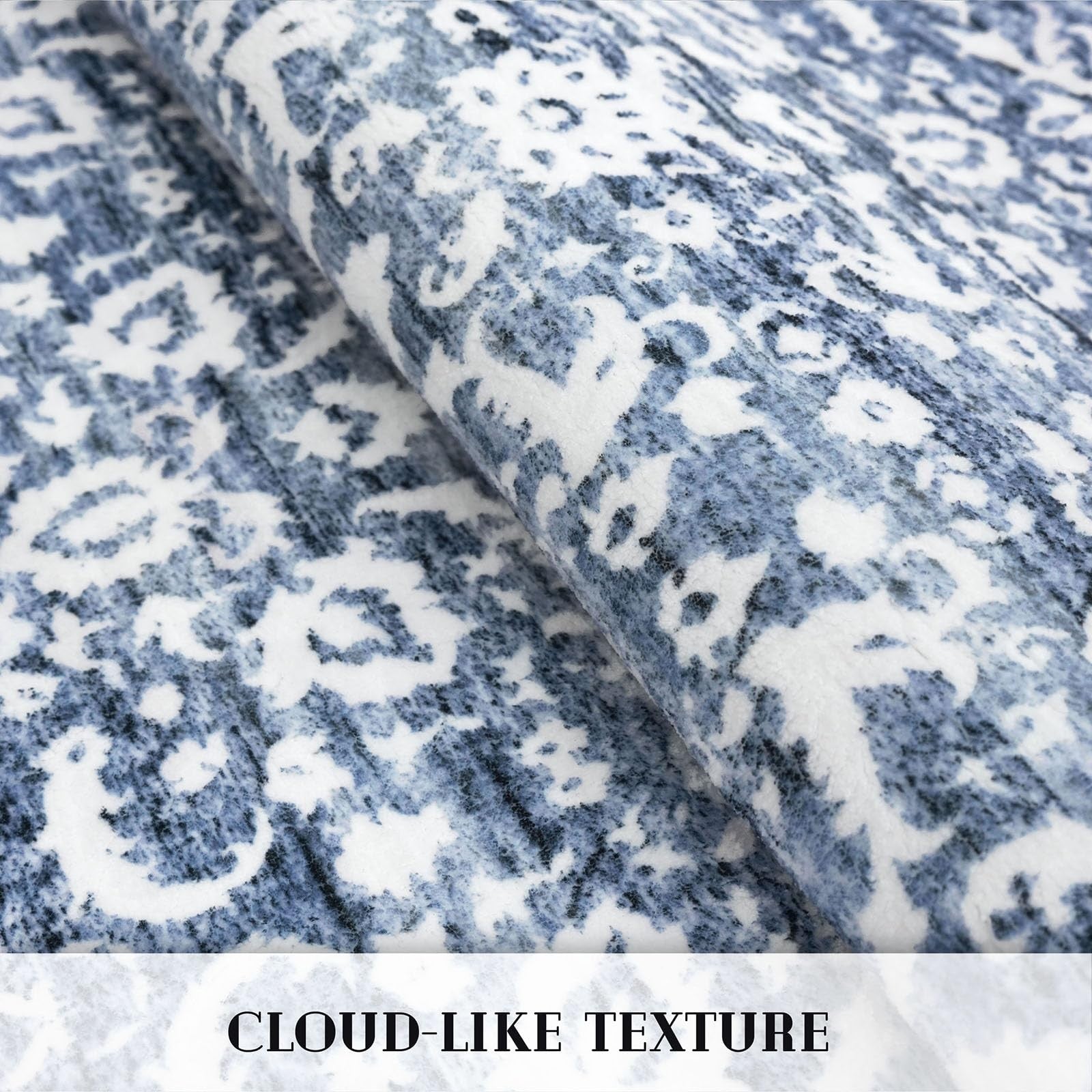 Lansny vintage floral 2x7 runner rug in light blue and white, washable non-slip bedroom rug with floral pattern.