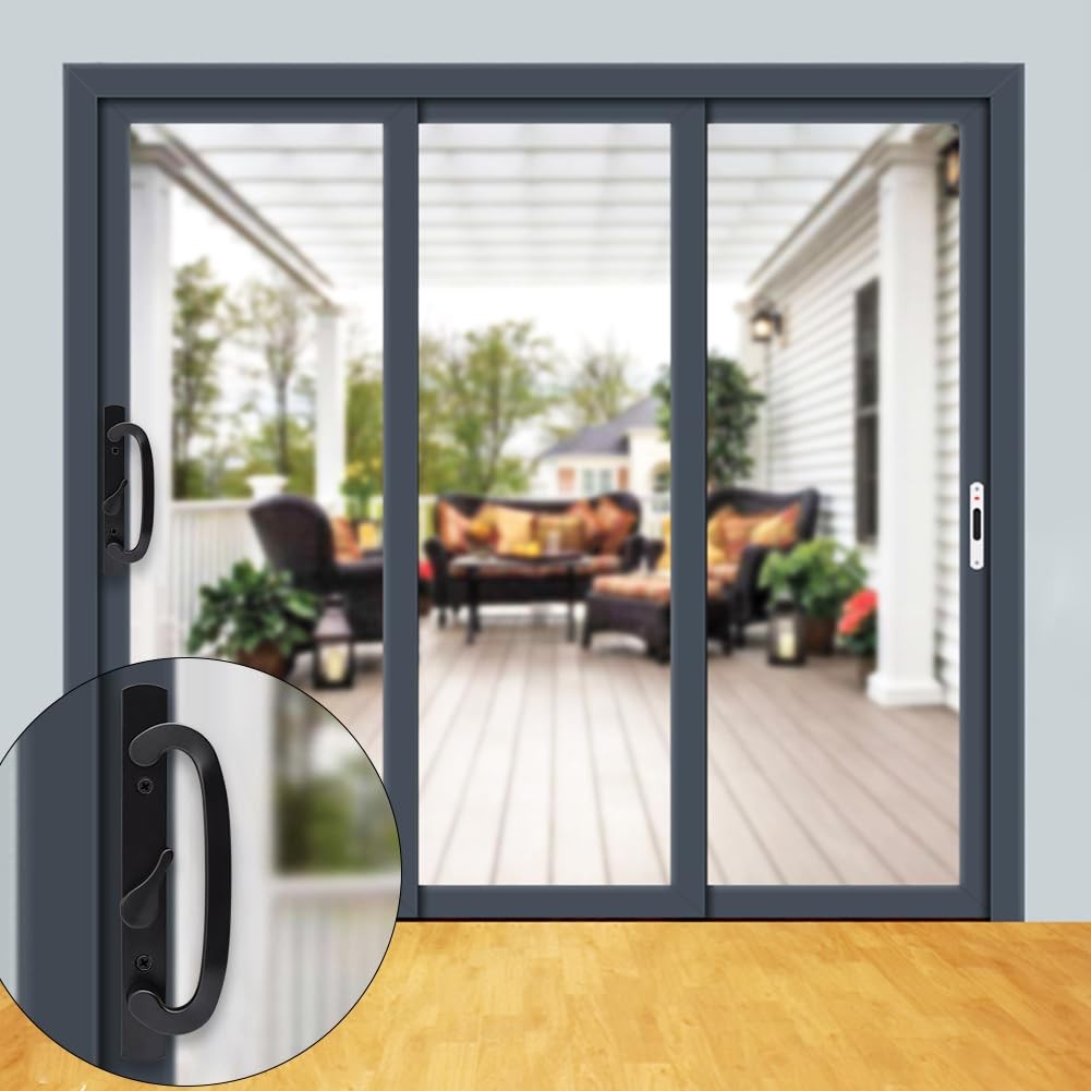 ALLYWASAI patio sliding door handle set with mortise lock, key cylinder, and keep for secure outdoor door access.
