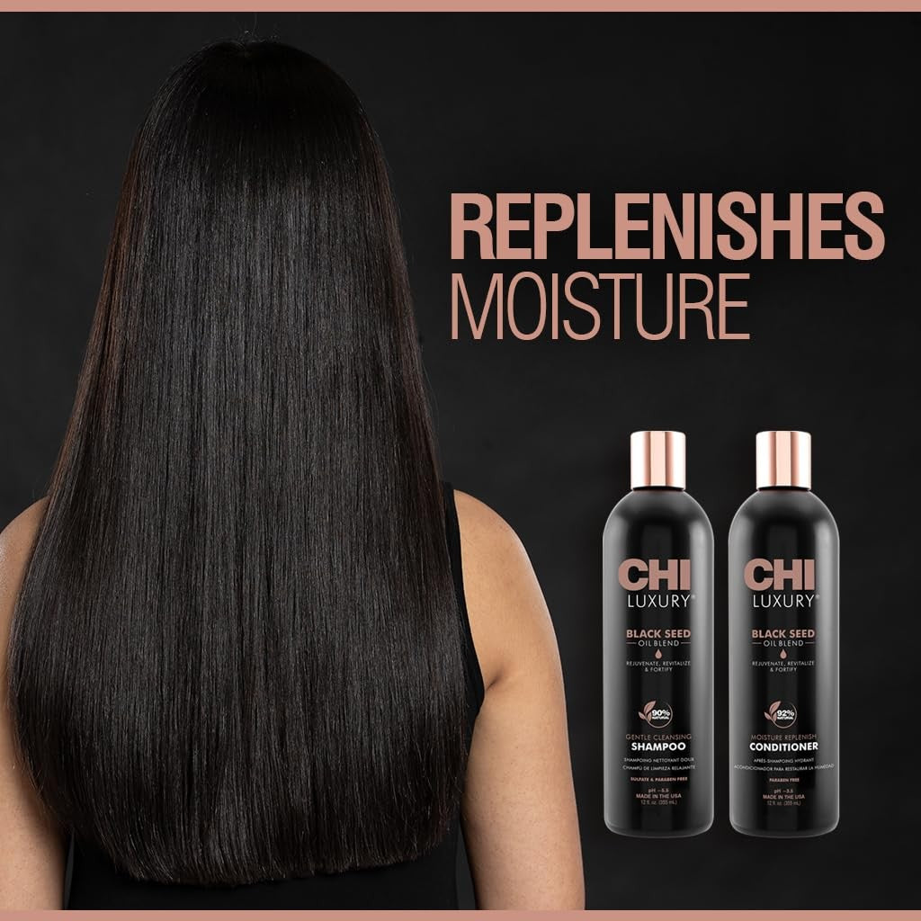 CHI Luxury Black Seed Oil Shampoo bottle with label, gentle cleansing and moisture replenishment for healthy hair care.