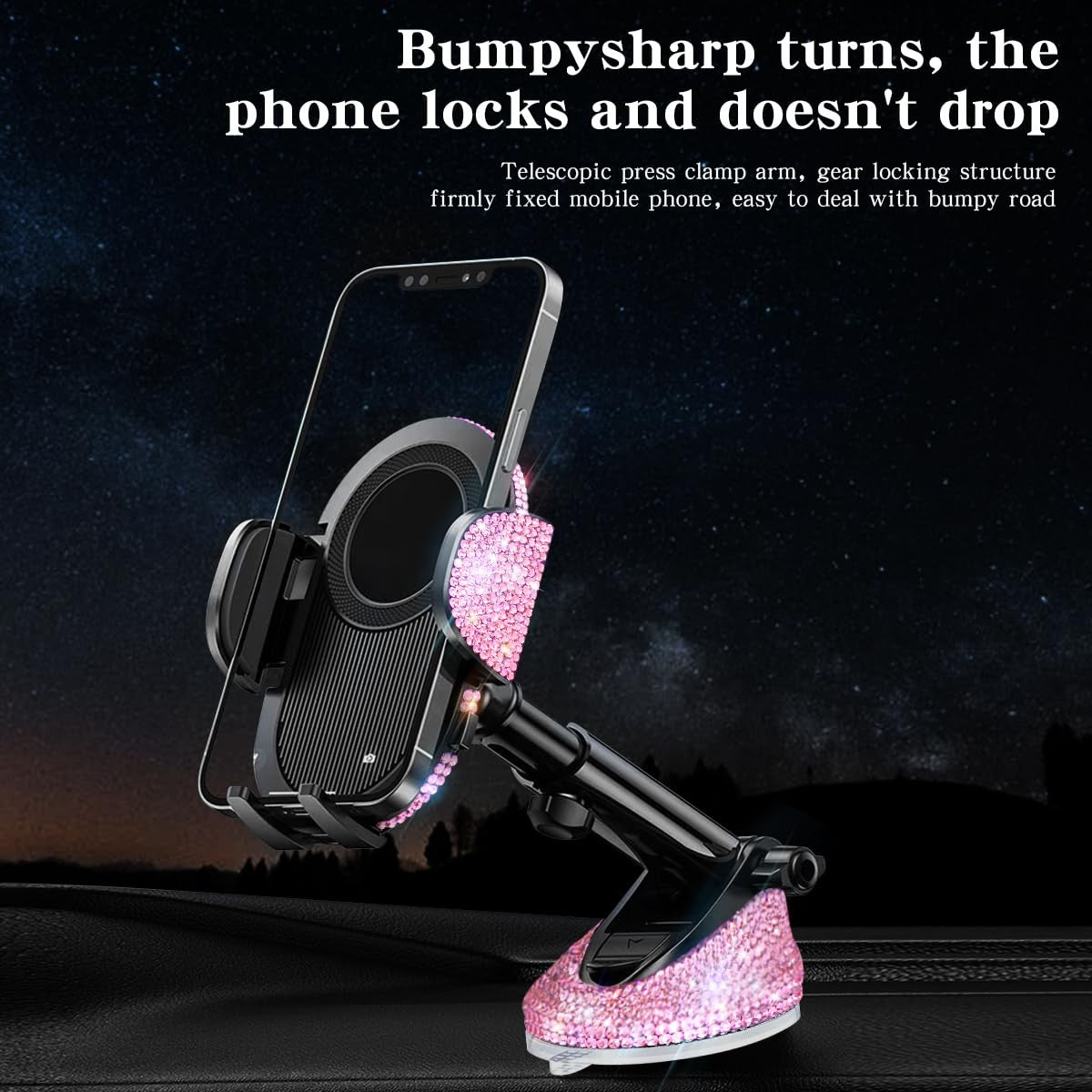 Erolagomat Bling cell phone holder for car with powerful suction, featuring rhinestone accents, suitable for women and rally racing.