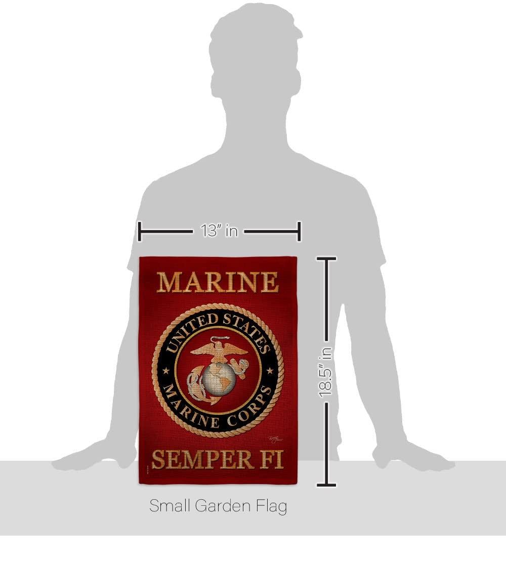 Marine Corps burlap garden flag with USMC logo and armed forces design, displayed on a garden stand.