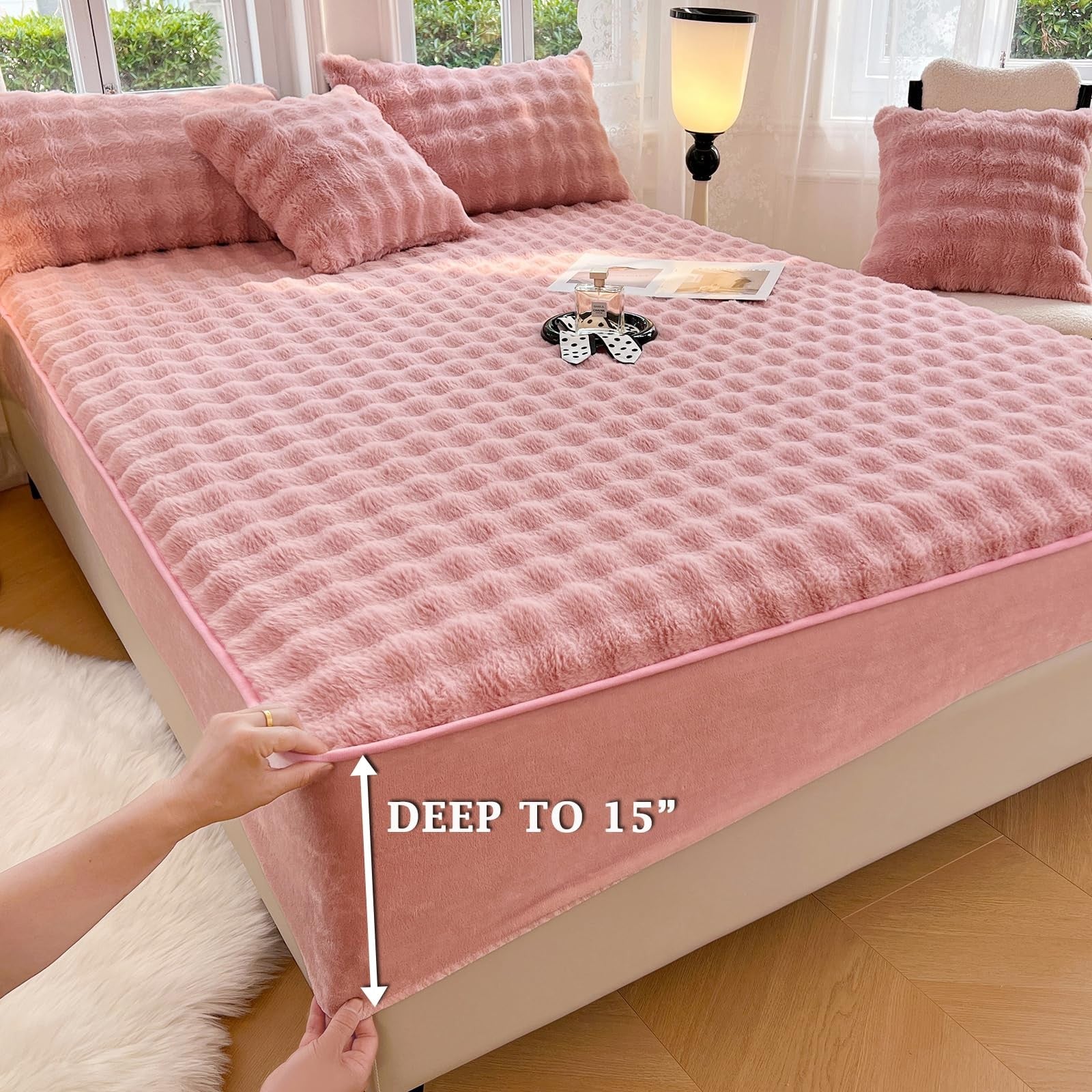 ZIQINPSQ plush shaggy queen fitted sheet with velvet faux fur, deep pockets, and warm tie-dye design on soft fabric.