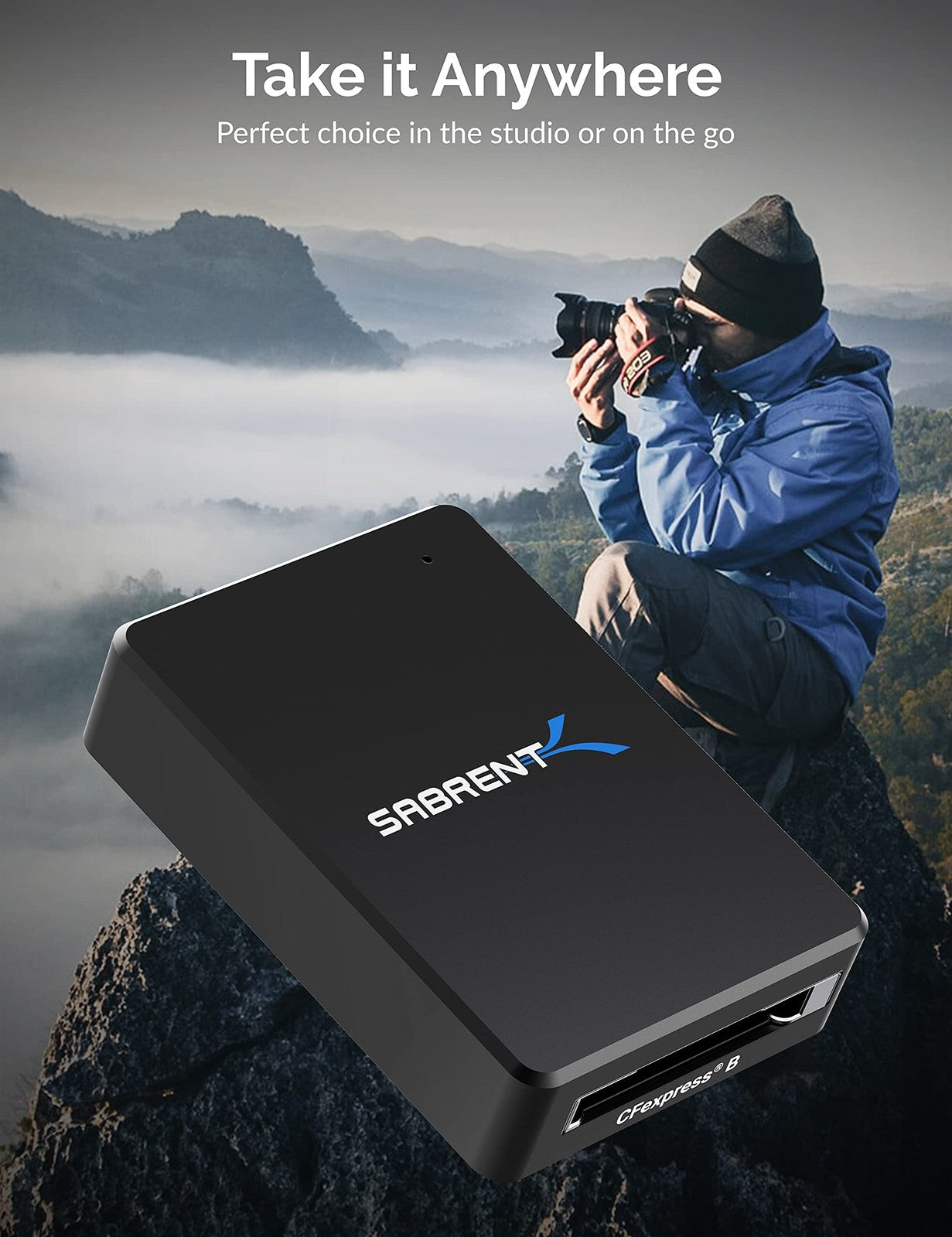 SABRENT CFexpress Type B Card Reader with USB 3.2 port and 10Gbps data transfer speed, shown connected to a computer.