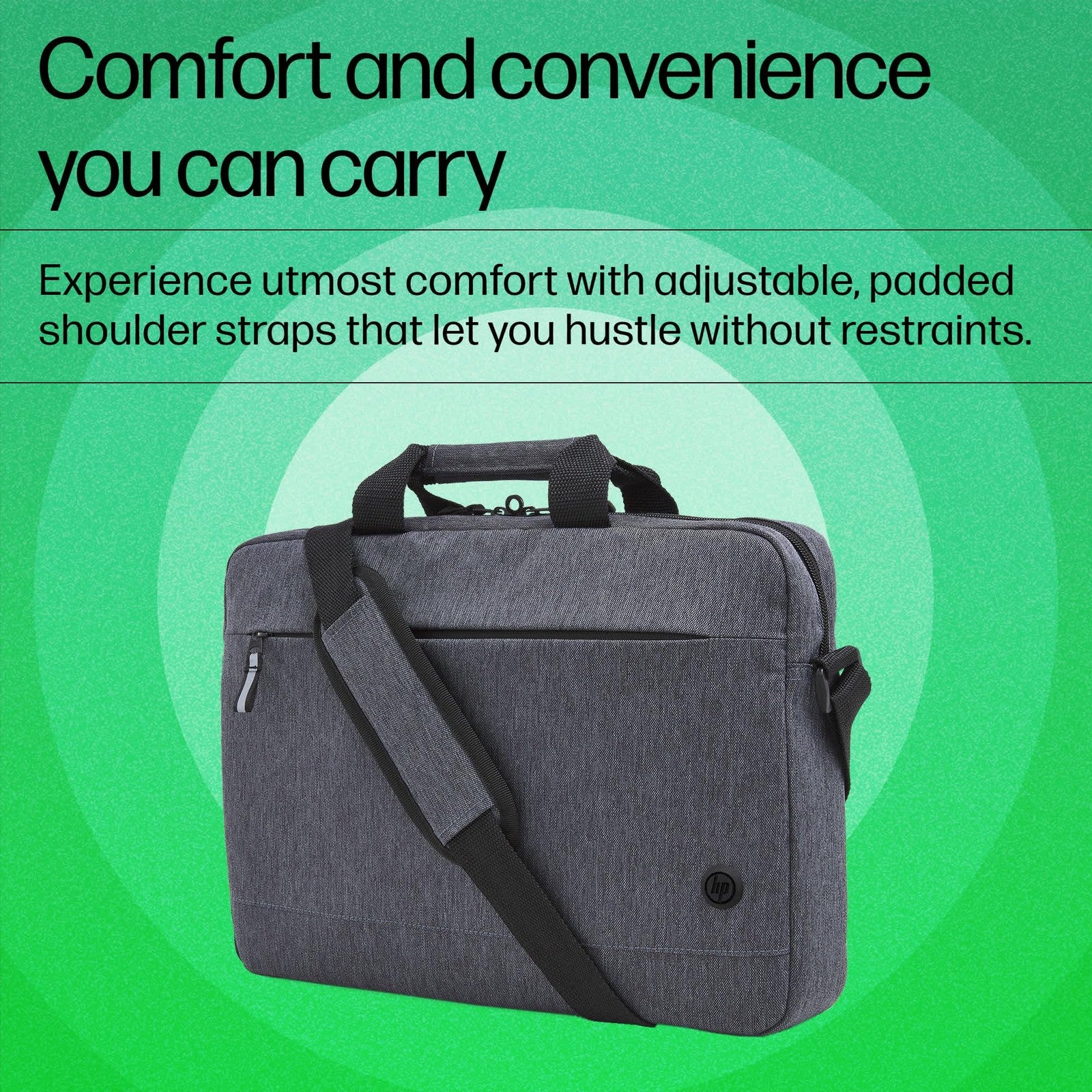 HP Prelude top-load laptop bag with durable water-resistant fabric, designed for 15.6-inch laptops, featuring a sturdy carrying handle.