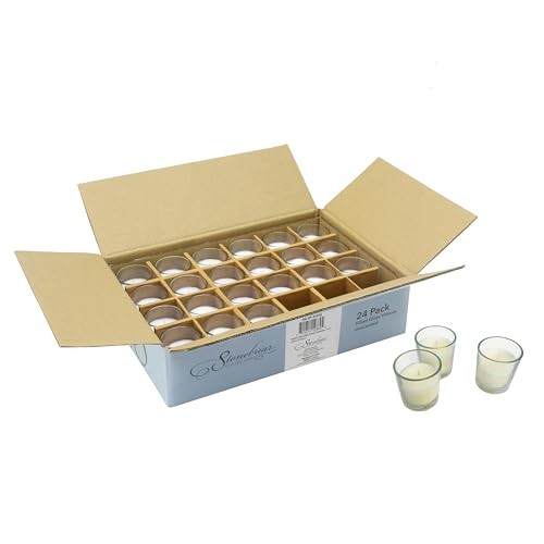 Set of 24 Stonebriar unscented long-burning clear glass ivory wax votive candles with filled design.