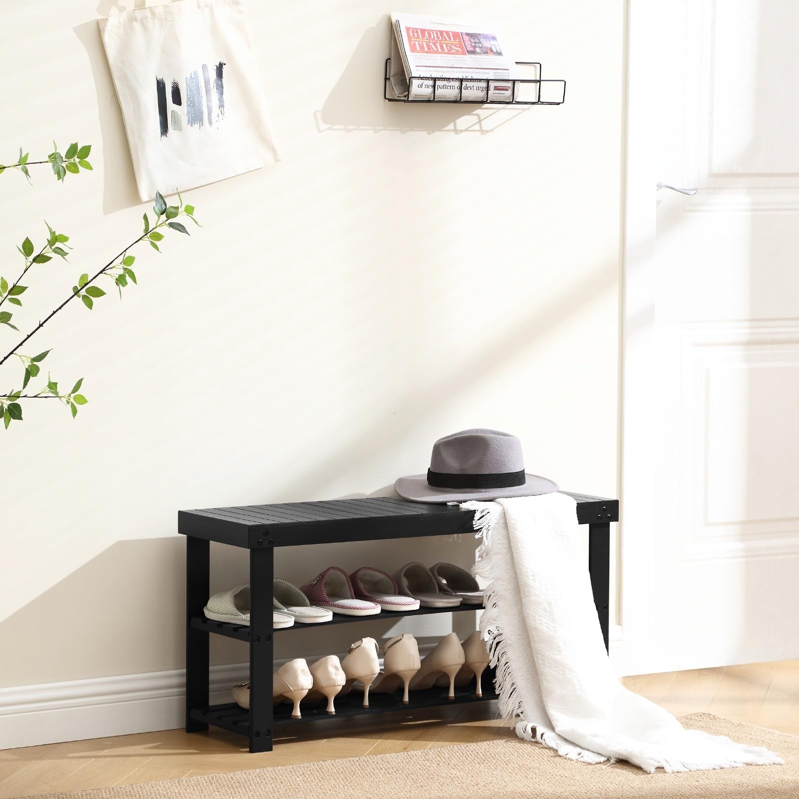 Apicizon 3-tier bamboo shoe rack bench with black finish, entryway organizer and storage, 35.4 inches long, sturdy and stylish