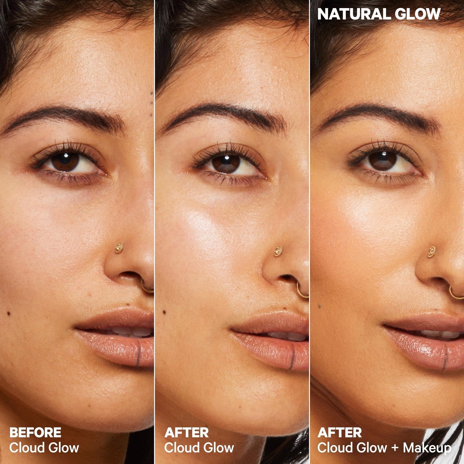 Milk Makeup Cloud Glow Foam Brightening Primer on a face, showing smooth, luminous skin for a radiant makeup base