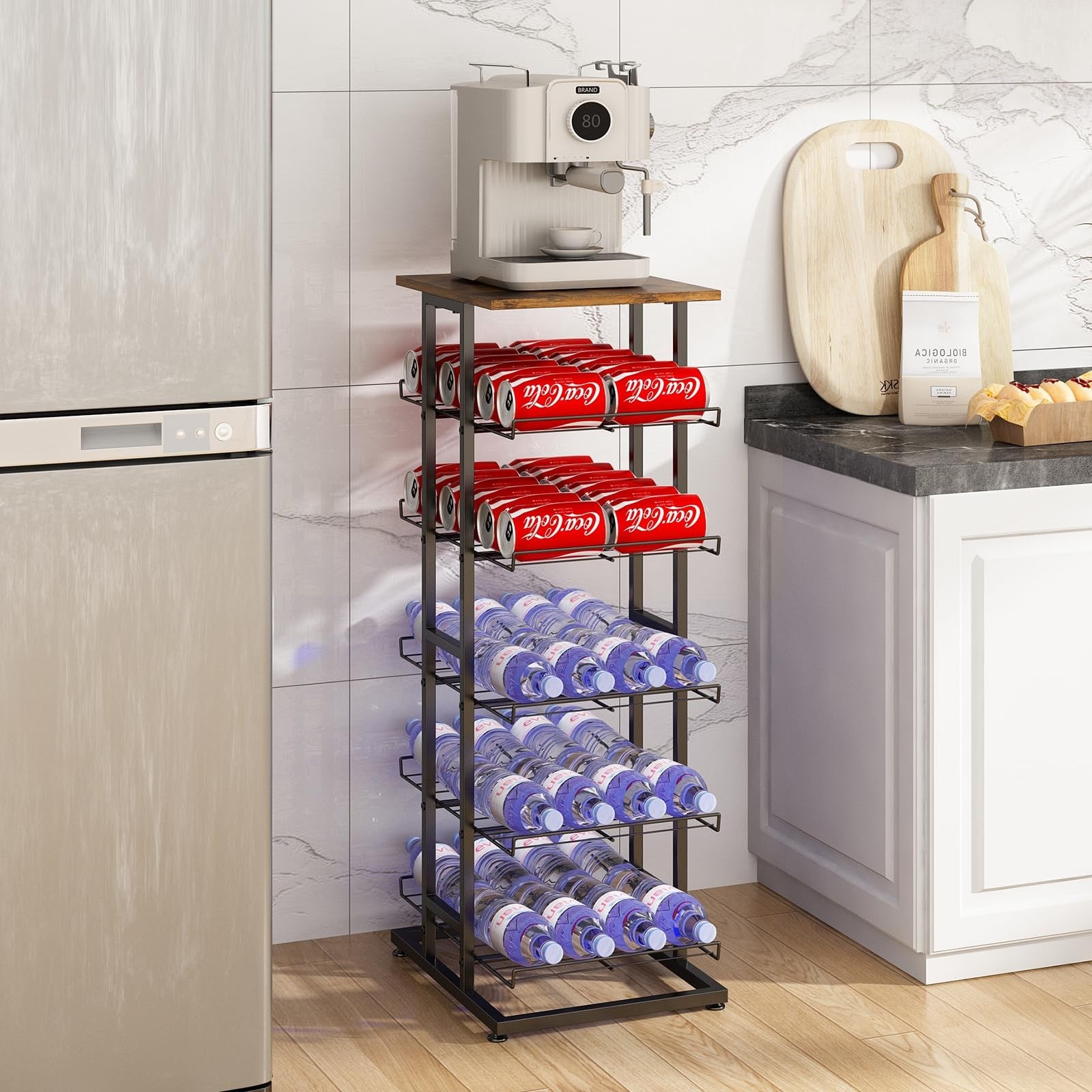 GILLAS tier water bottle storage with wooden tabletop and metal frame, designed for organized beverage storage.