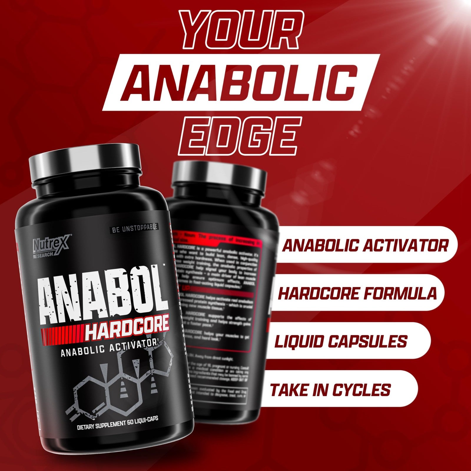 Bottle of Nutrex Research Anabol Hardcore muscle builder and hardening supplement with label and cap visible.