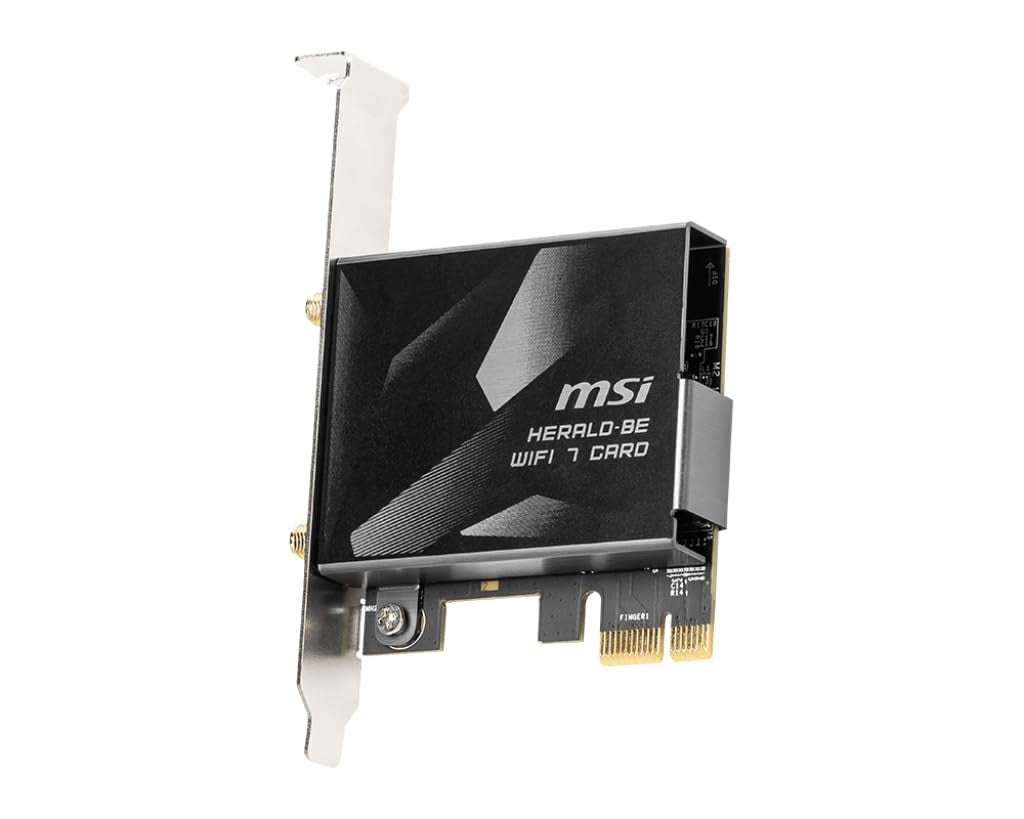 MSI Herald-BE Wi-Fi 7 MAX network card with Bluetooth 5.4 and PCIe interface, showing the sleek black circuit board with components.