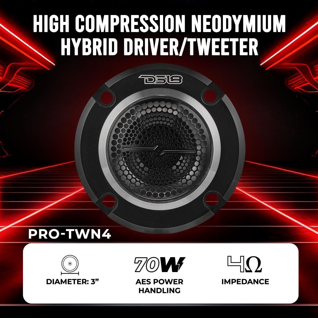 DS18 Pro-Twn4 high compression neodymium super bullet tweeter with 1-inch VC, compact design, and 140W max power output.