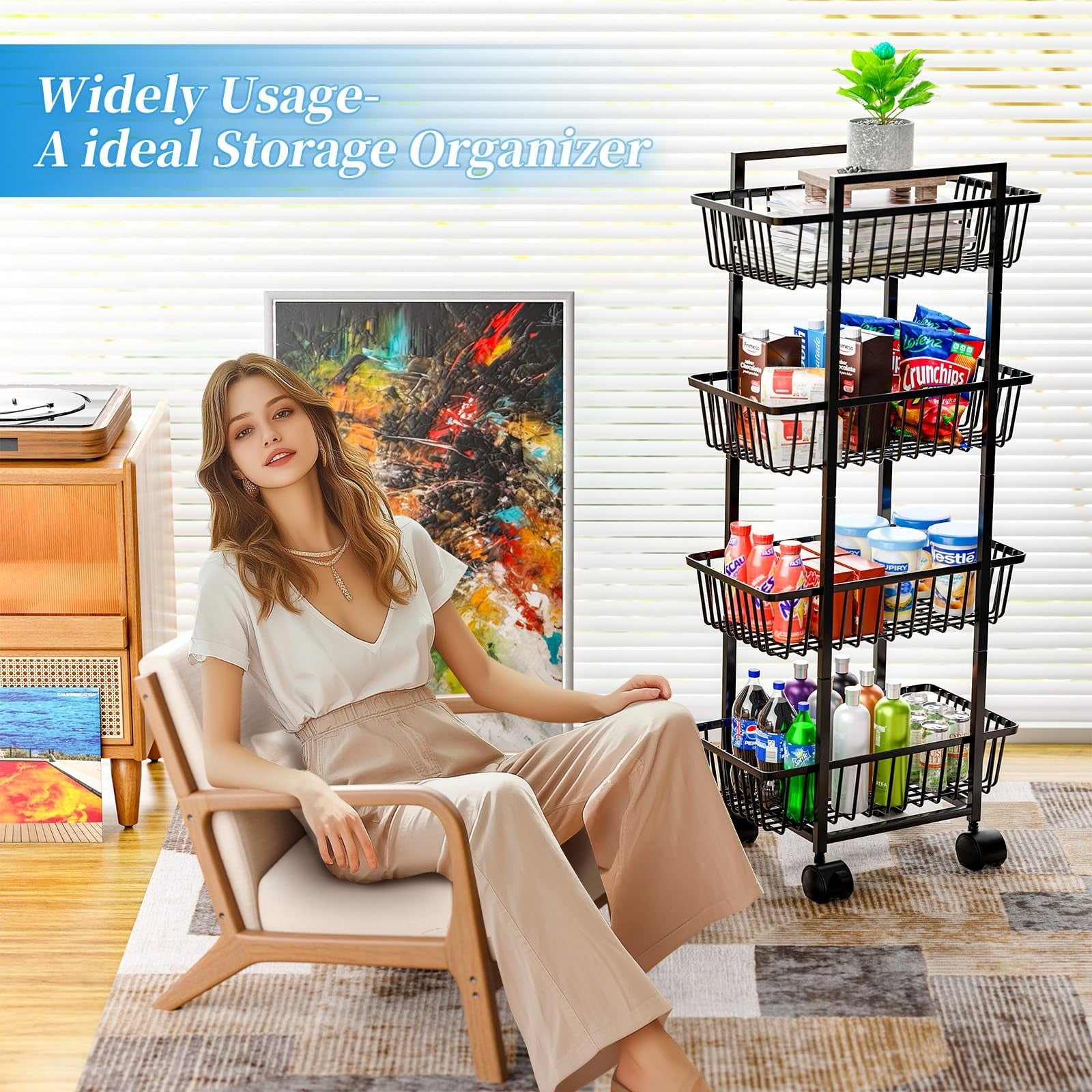 Simple Trending 4-tier rolling metal wire fruit and vegetable basket cart for kitchen storage with casters.