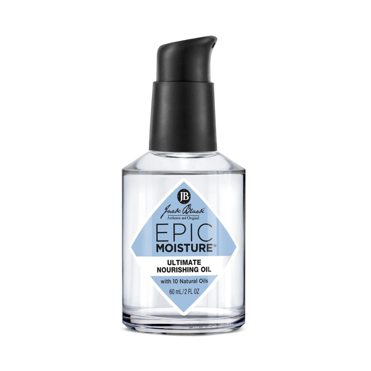 Jack Black Epic Moisture Ultimate MP10 nourishing oil bottle, 2 fl oz, multi-purpose skincare product with pump dispenser.