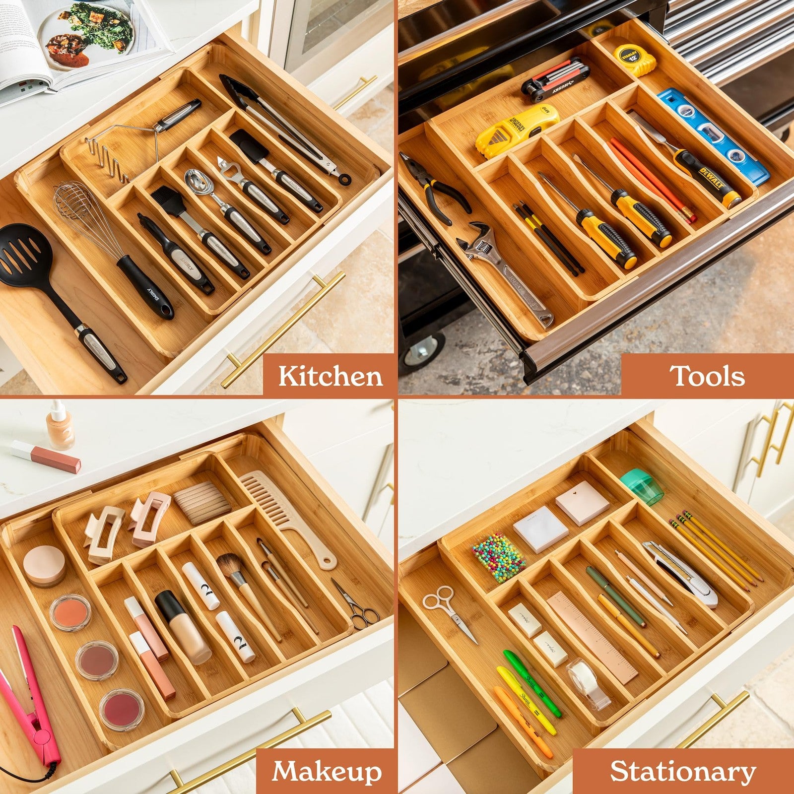 Adjustable bamboo silverware drawer organizer with multiple compartments for kitchen storage and organization.