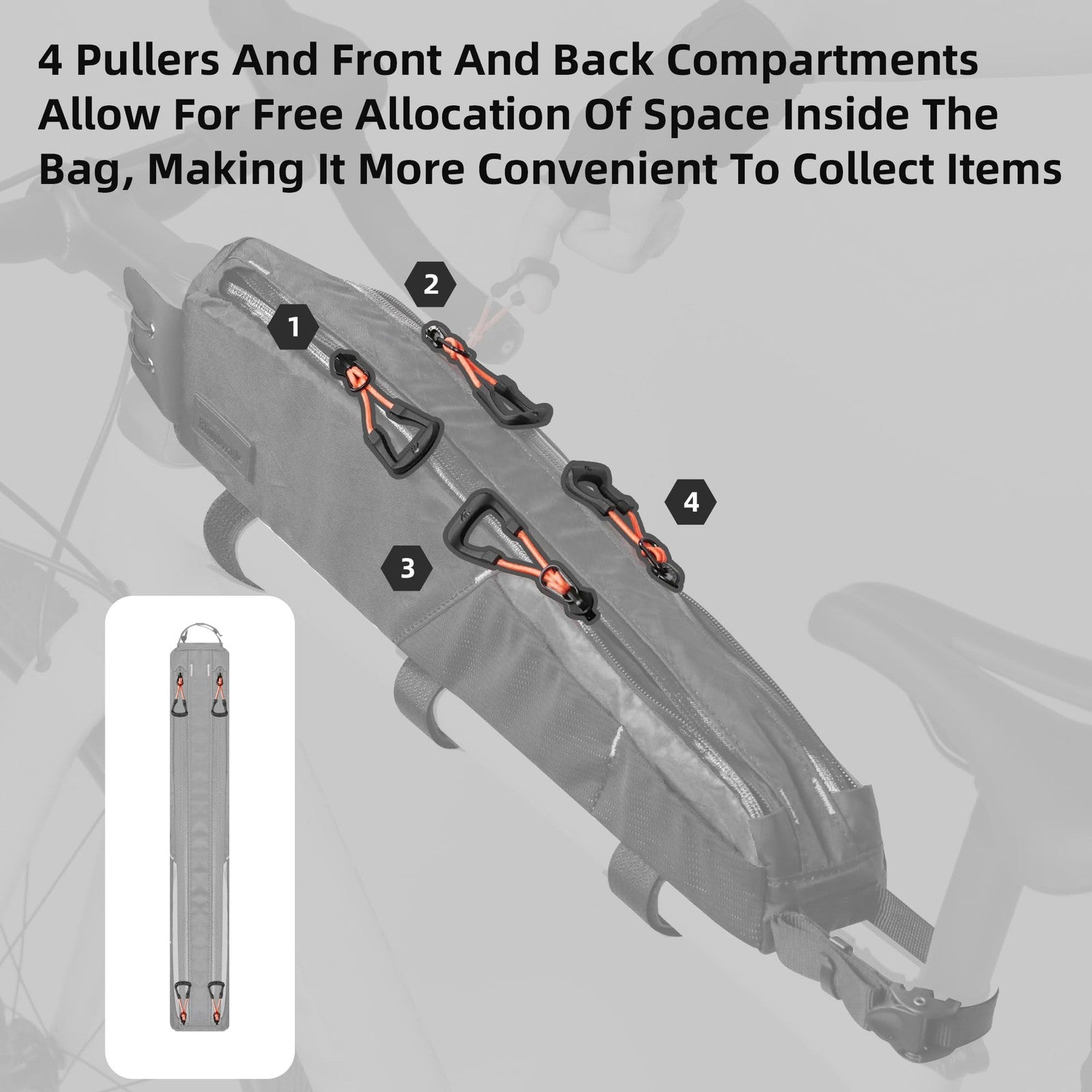 Rhinowalk waterproof bike top tube bag on a bicycle frame, featuring a 2.1L capacity for easy access and storage.