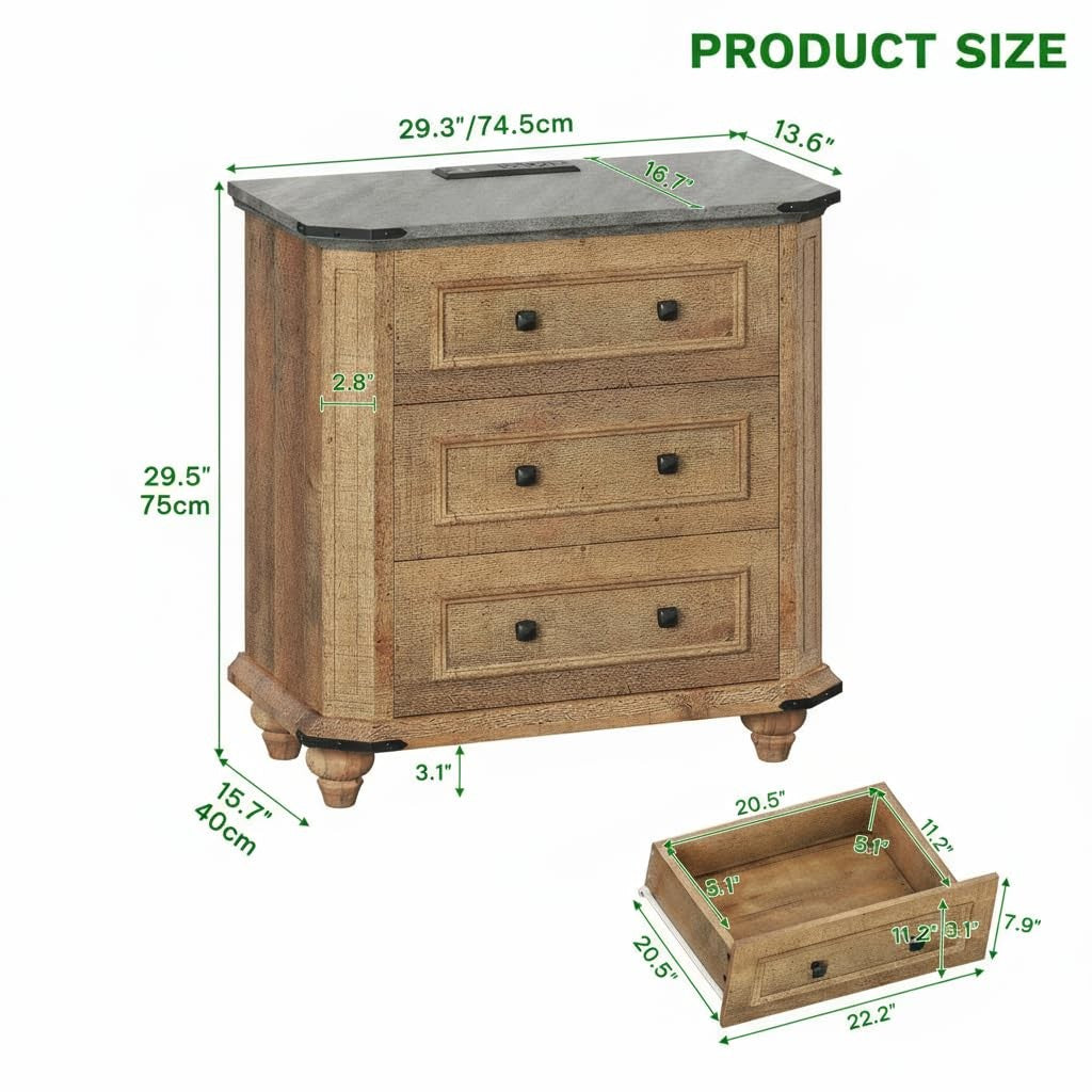 YITAHOME farmhouse nightstand set of 2 with three drawers and charging stations, wooden side tables for bedroom decor.