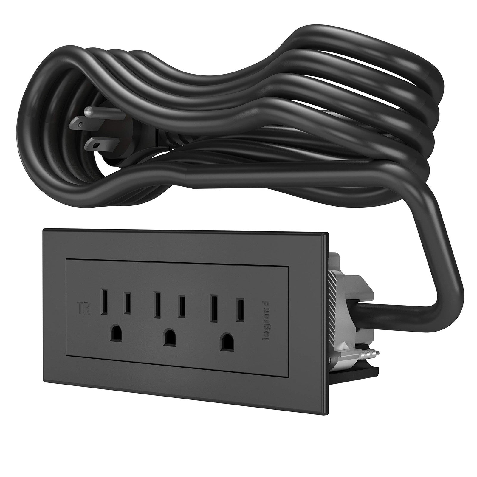 Wiremold Radiant Recessed Furniture Power Center Strip with multiple outlets and sleek black design, installed in a modern workspace.